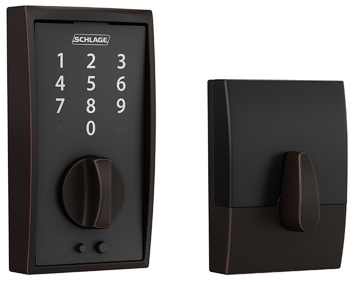 Aged Bronze Touch Keyless Touchscreen Deadbolt with Century Trim (BE375 CEN 716) with Matching F10 Aged Bronze Passage Flair Lever