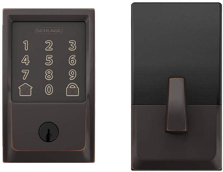 Aged Bronze Encode™ Smart WiFi Deadbolt with Century Trim (BE489WB CEN 716) with Matching F10 Aged Bronze Passage Flair Lever