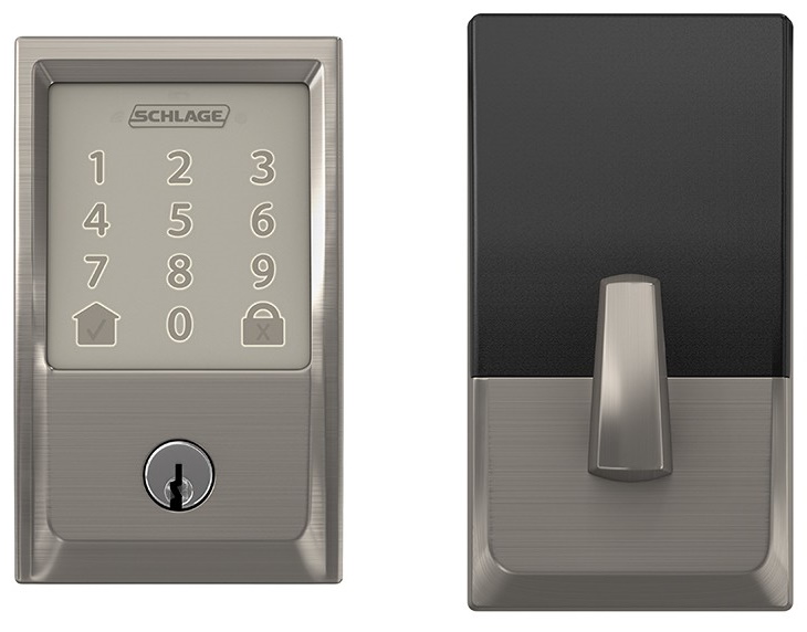 Satin Nickel Encode™ Smart WiFi Deadbolt with Century Trim (BE489WB CEN 619) with Matching F10 Satin Nickel Passage Flair Lever